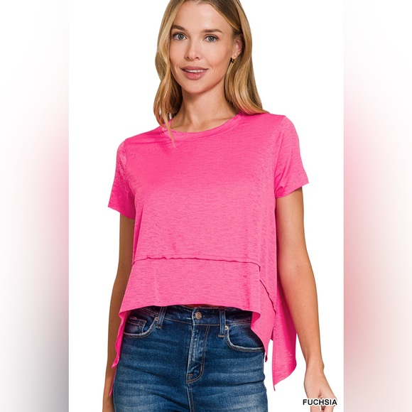 🆕 Zenana SHARK BITE SIDE SLIT SHORT SLEEVE TOP - Picture 2 of 2